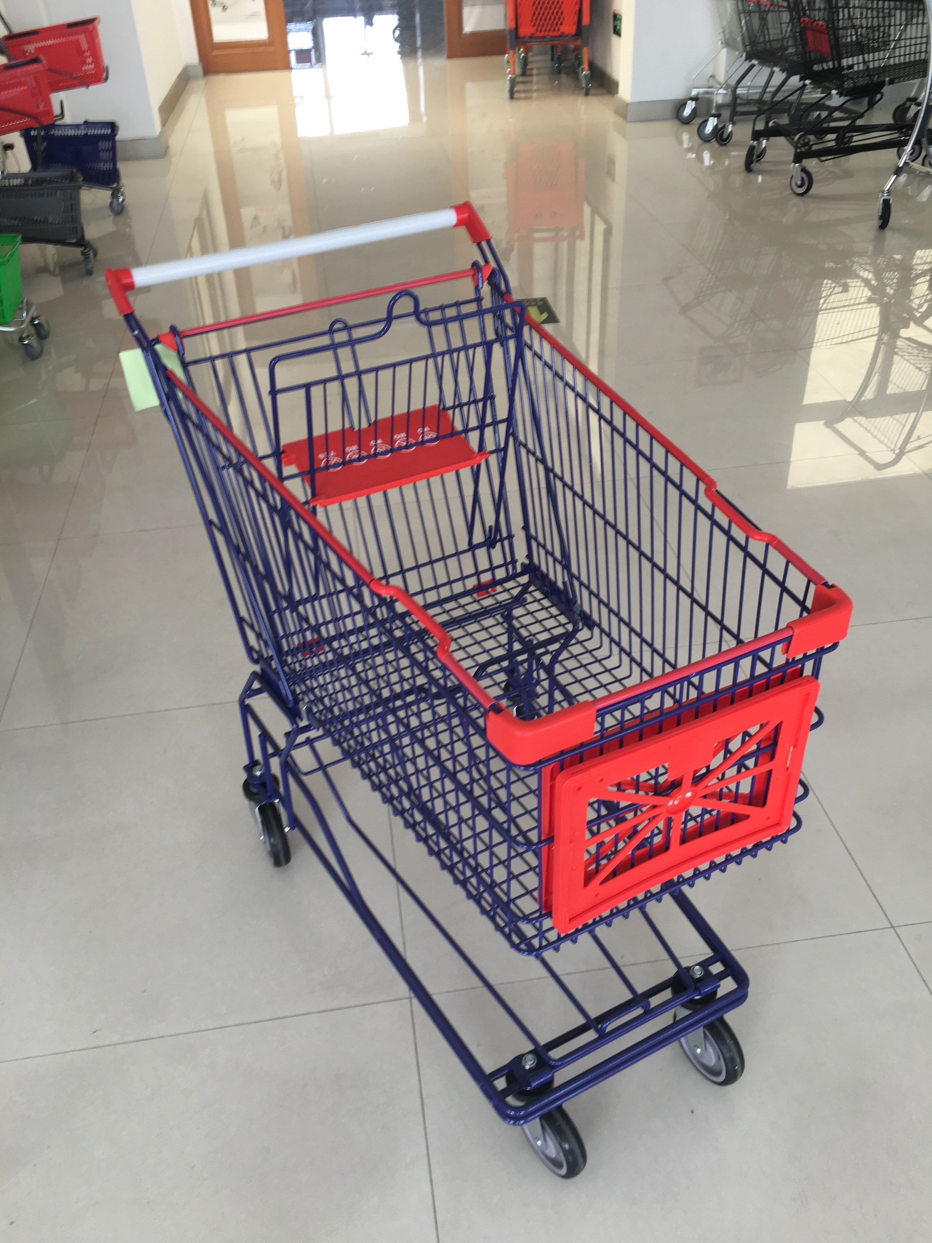 Supermarket 150 L 4 Wheel Wire Shopping Trolley Zinc Plated And Red 