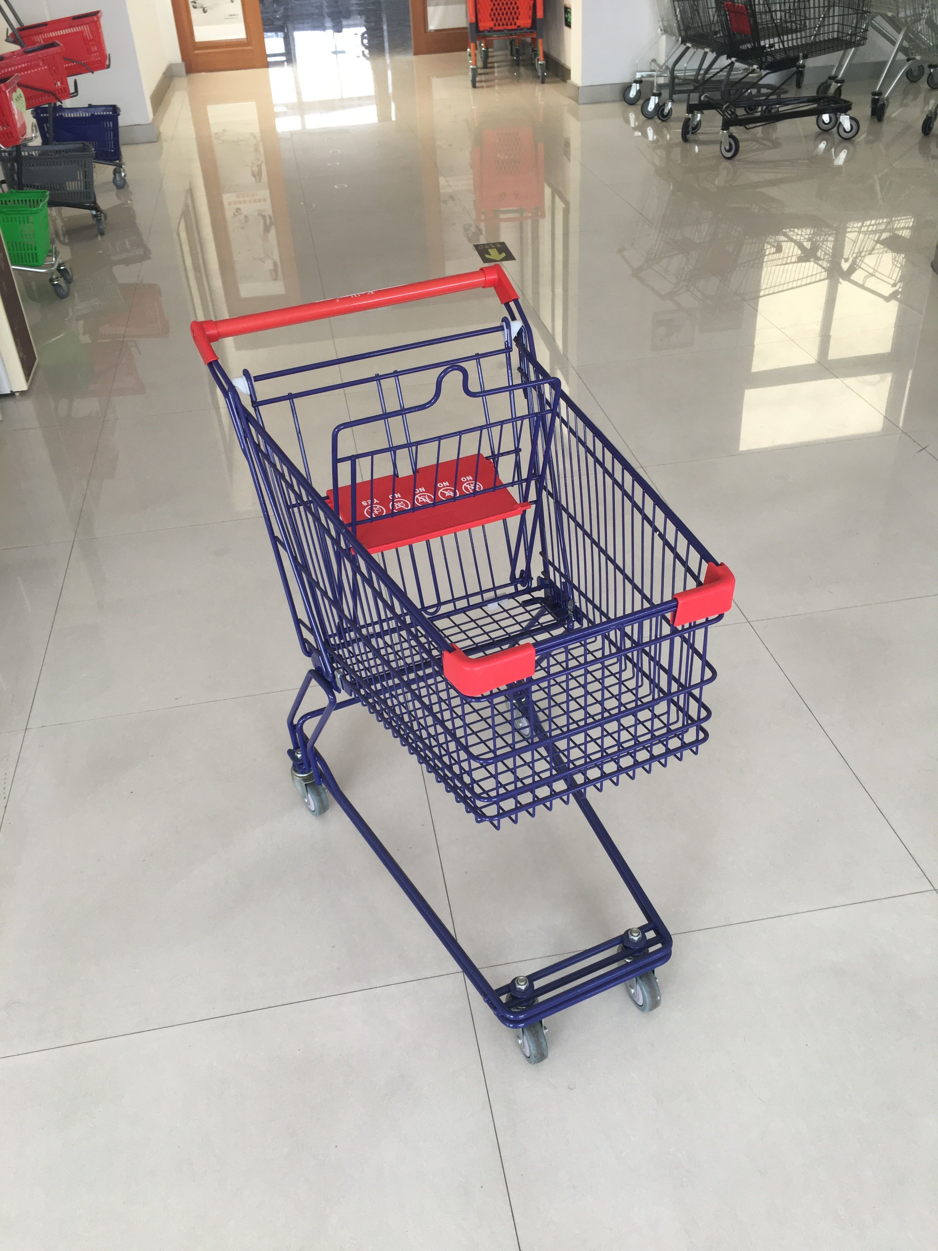 Small Shop Wire Shopping Trolley , Metal Shopping Cart Zinc Plated Blue