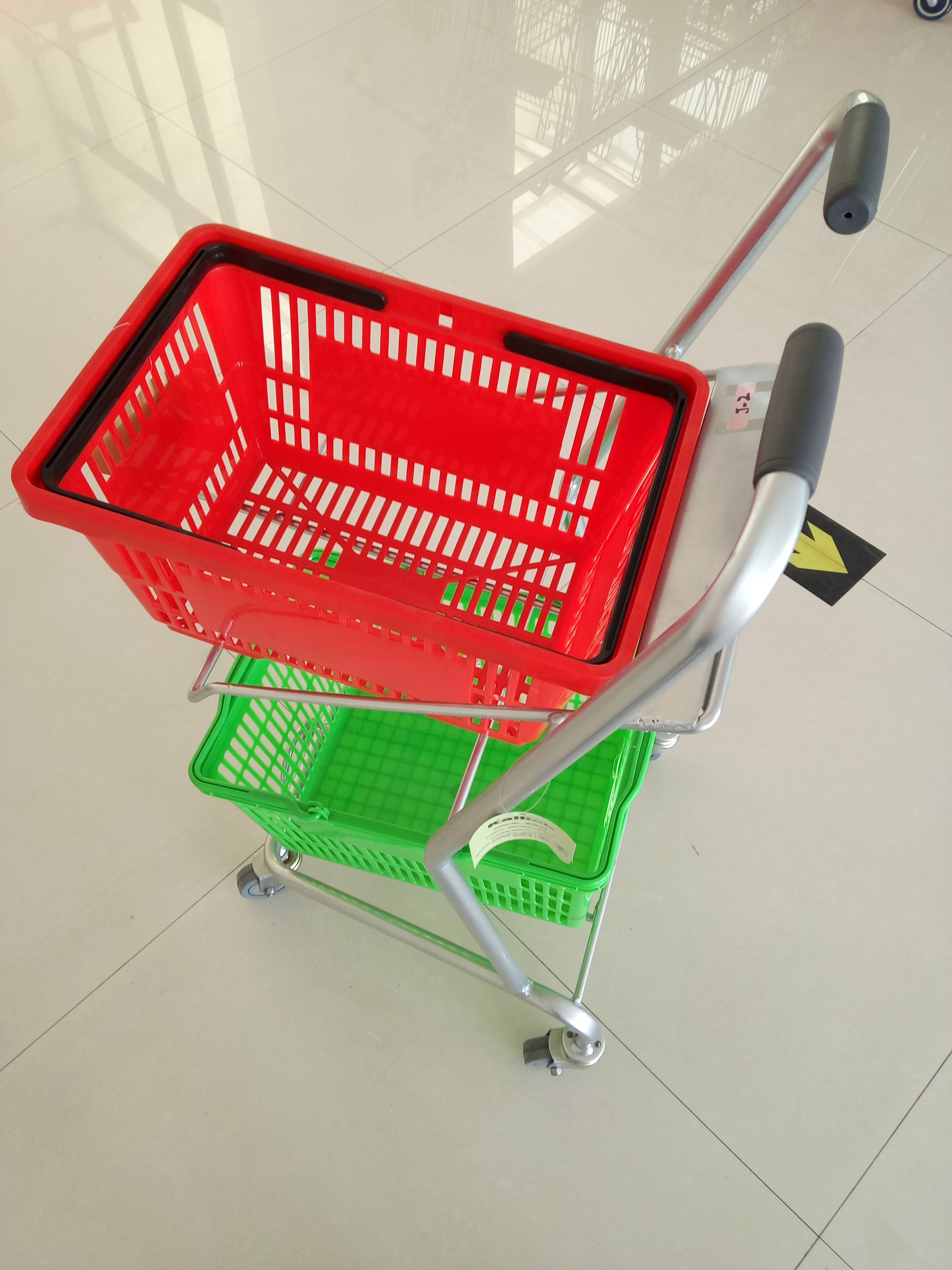 Super Market Shopping Basket Trolley , Flat Casters Double Basket