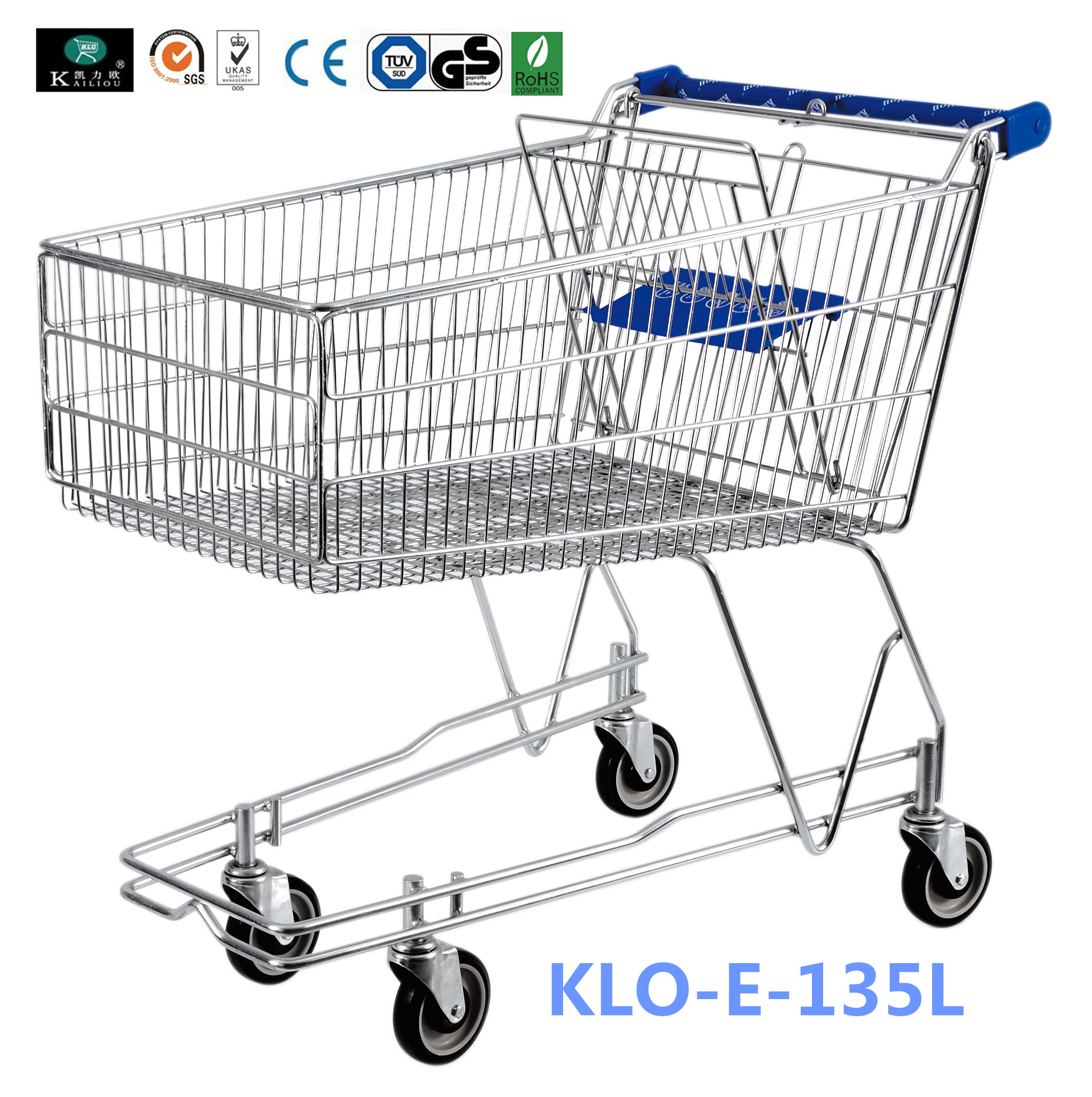 4 Wheeled 135L Metal Wire UK Shopping Cart With Baby Seat / Supermarket