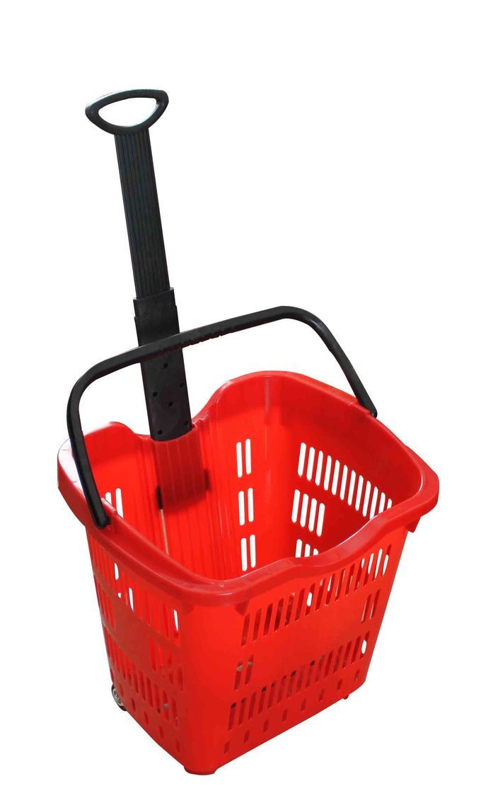 Colorful Plastic Rolling Shopping Basket With Wheels 55l , Plastic Shopping Trolley Baskets