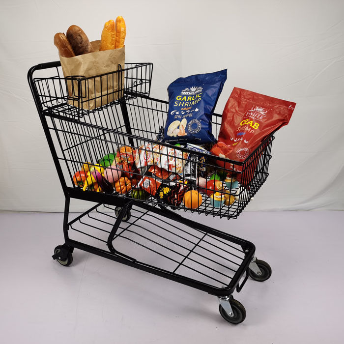 100L Customized Metal Shopping Trolley Flat Basket American Black Shopping Trolley With Cup Holder