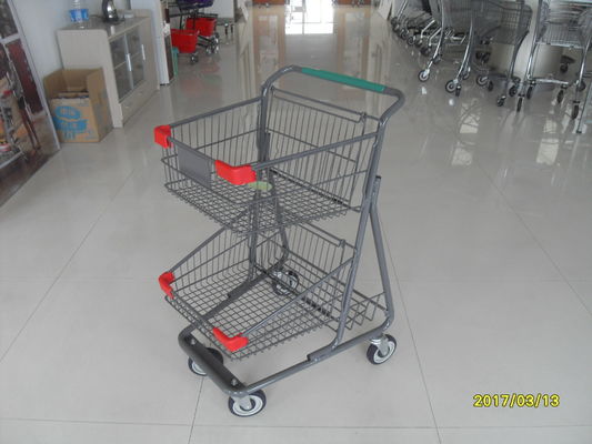 China Two Layer Basket Wire 4 Wheel Shopping Trolley / Cart With Color Poweder Coating factory