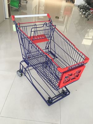 China 150 L 4 Wheel Supermarket Shopping Trolley Zinc Plated And Red Plastic Parts factory