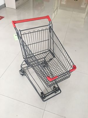 China Base Grid 45L Wire Shopping Trolley Supermarket Shopping Cart Red Handle Bar factory