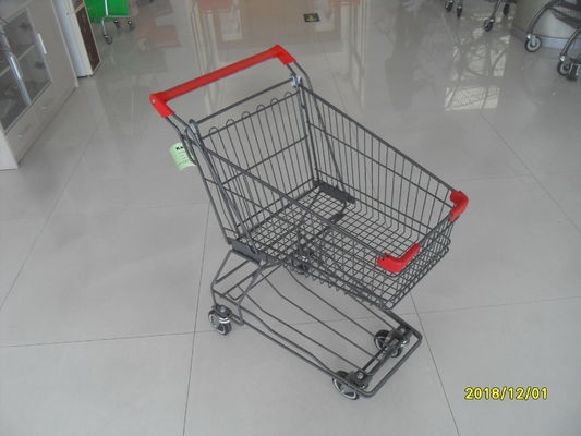 China Supermarket 4 Wheel Shopping Cart With Base Grid 45L And Red Handle Bar factory
