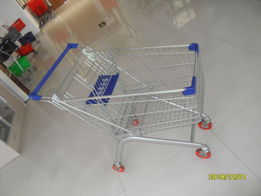 China Europe Style 100L Supermarket Shopping Carts Grocery With Blue Plastic Parts factory