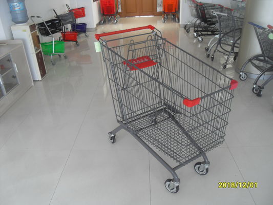 China Zinc Plated Clear Powder Coating Supermarket Shopping Carts With Red Plastic Parts factory