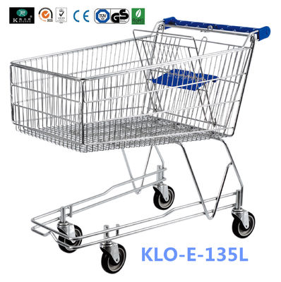 China 4 Wheeled 135L Metal Wire UK Shopping Cart With Baby Seat / Supermarket Equipment factory