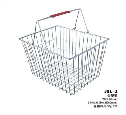 China 28 Liter Storage Supermarket Metal Shopping Basket With Two Red Plastic Handle factory